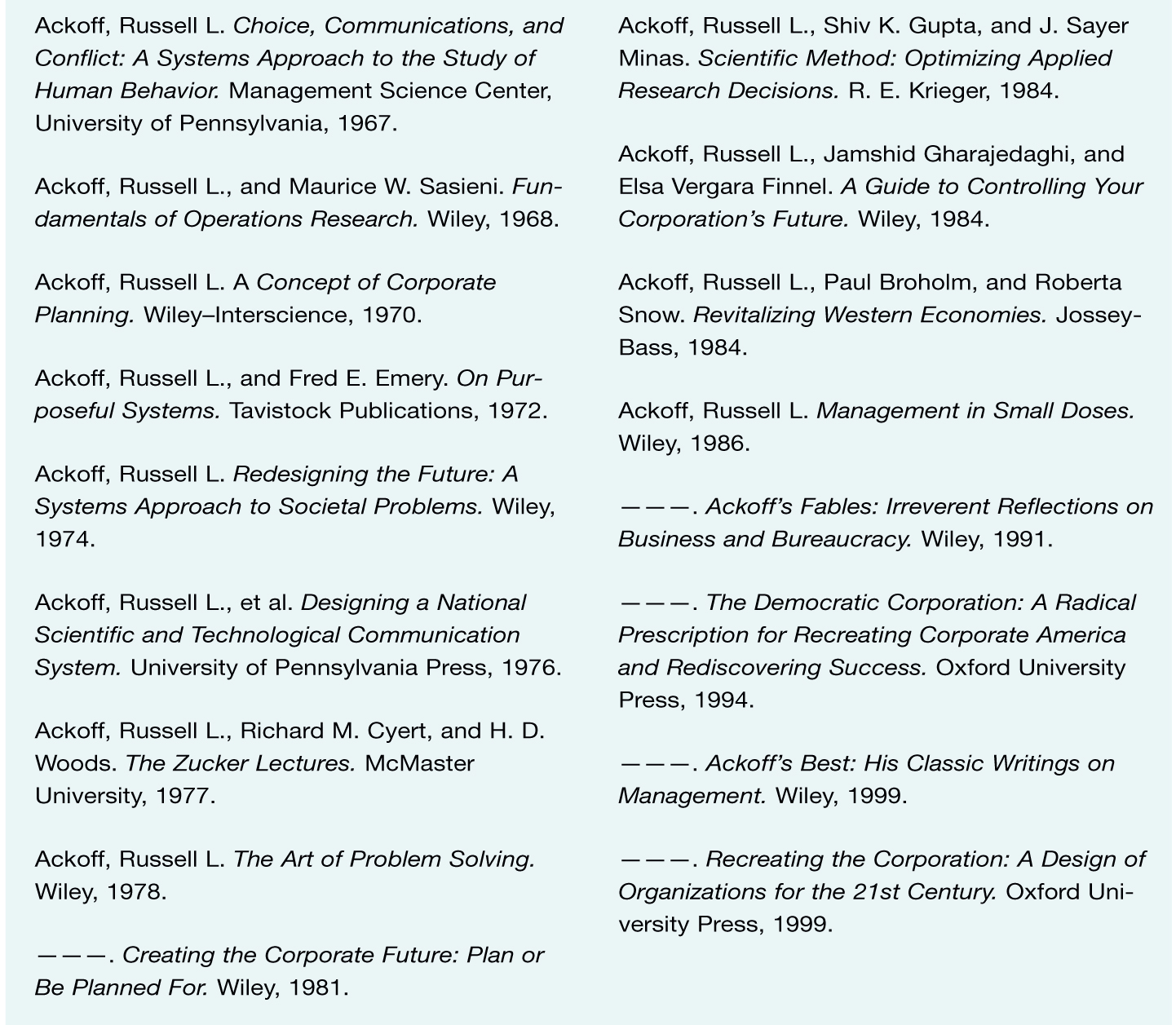 RUSSELL ACKOFF BOOK LIST
